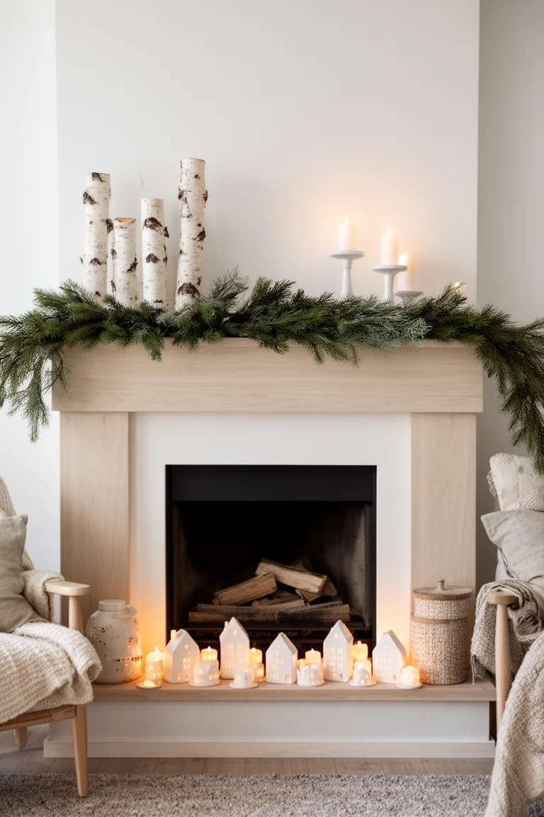Scandinavian winter mantel with light oak, fir garland and ceramic house lights