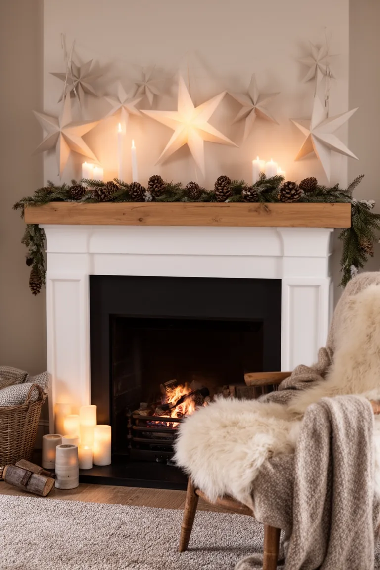 Hygge white and oak mantel with paper star lanterns and pinecones
