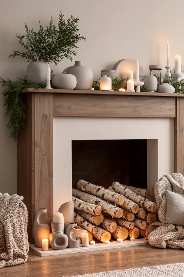 Calm Nordic mantel in soft gray and white with birch logs
