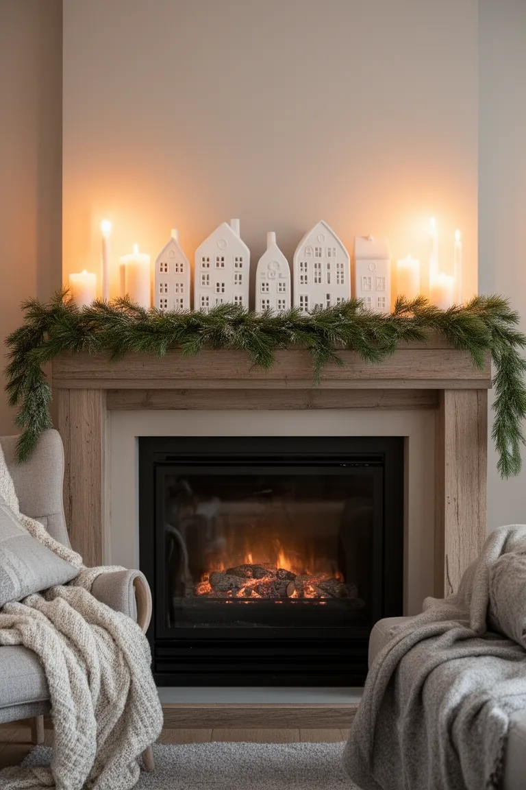 Snowy minimal Scandinavian mantel with white ceramic houses and fir garland