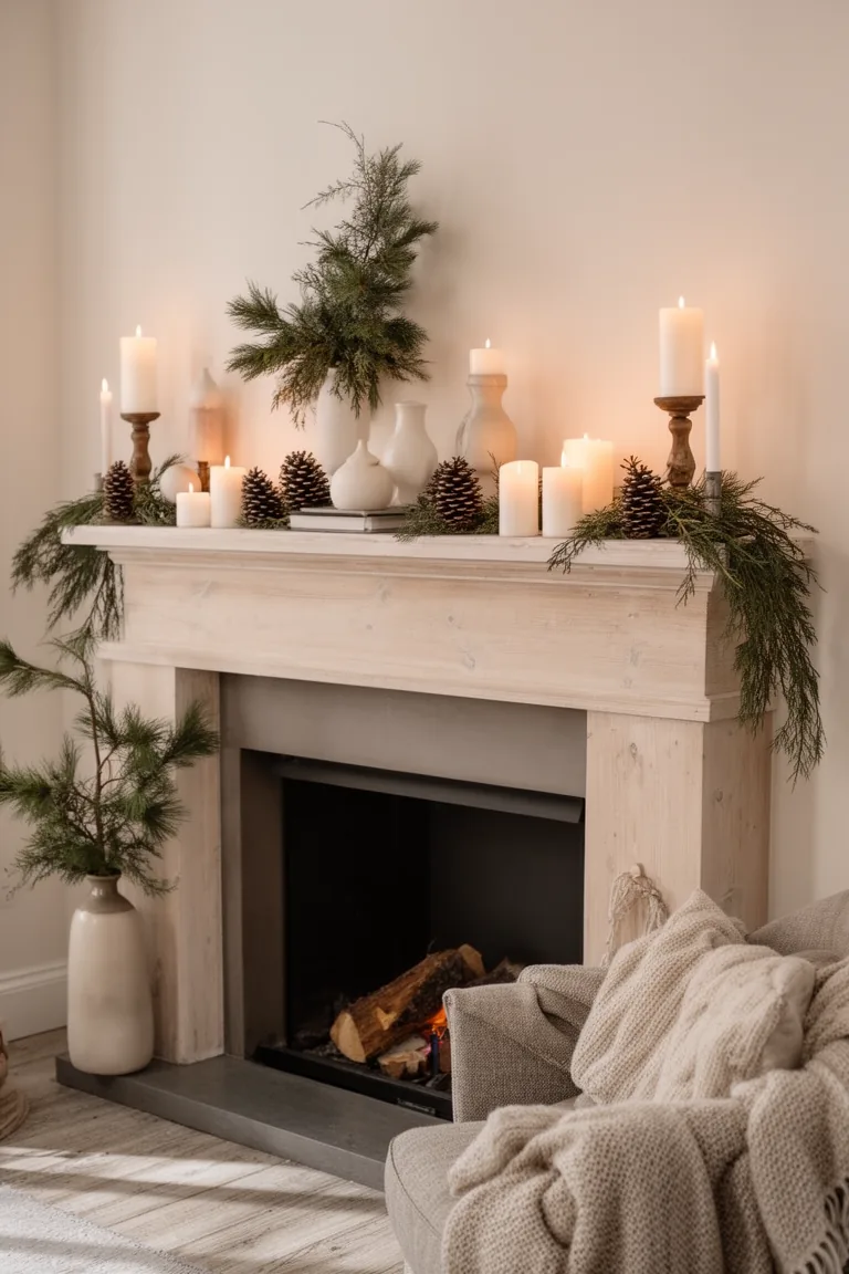 Peaceful hygge mantel with light wood, white candles and pinecones