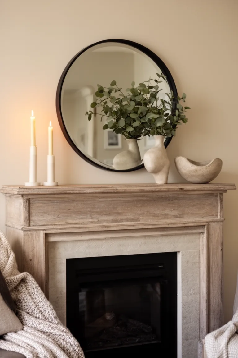 Warm minimalist winter mantel with a round mirror, eucalyptus and ivory tapers
