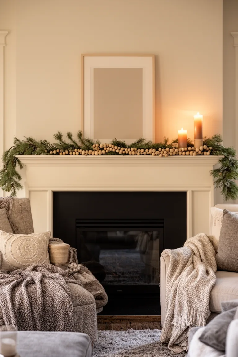 Clean cream winter mantel with neutral art and a wood bead garland
