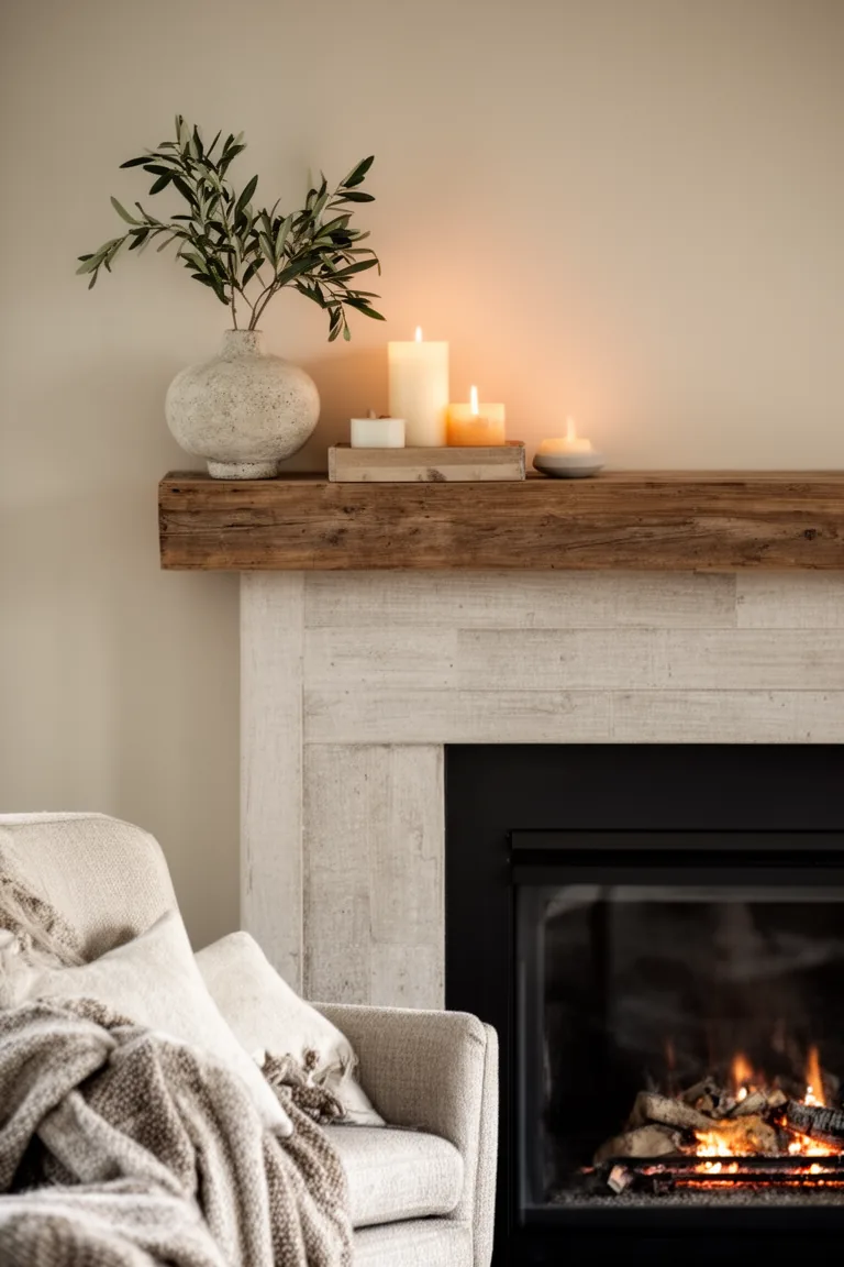 Calm minimalist mantel with an olive branch and an ivory pillar candle