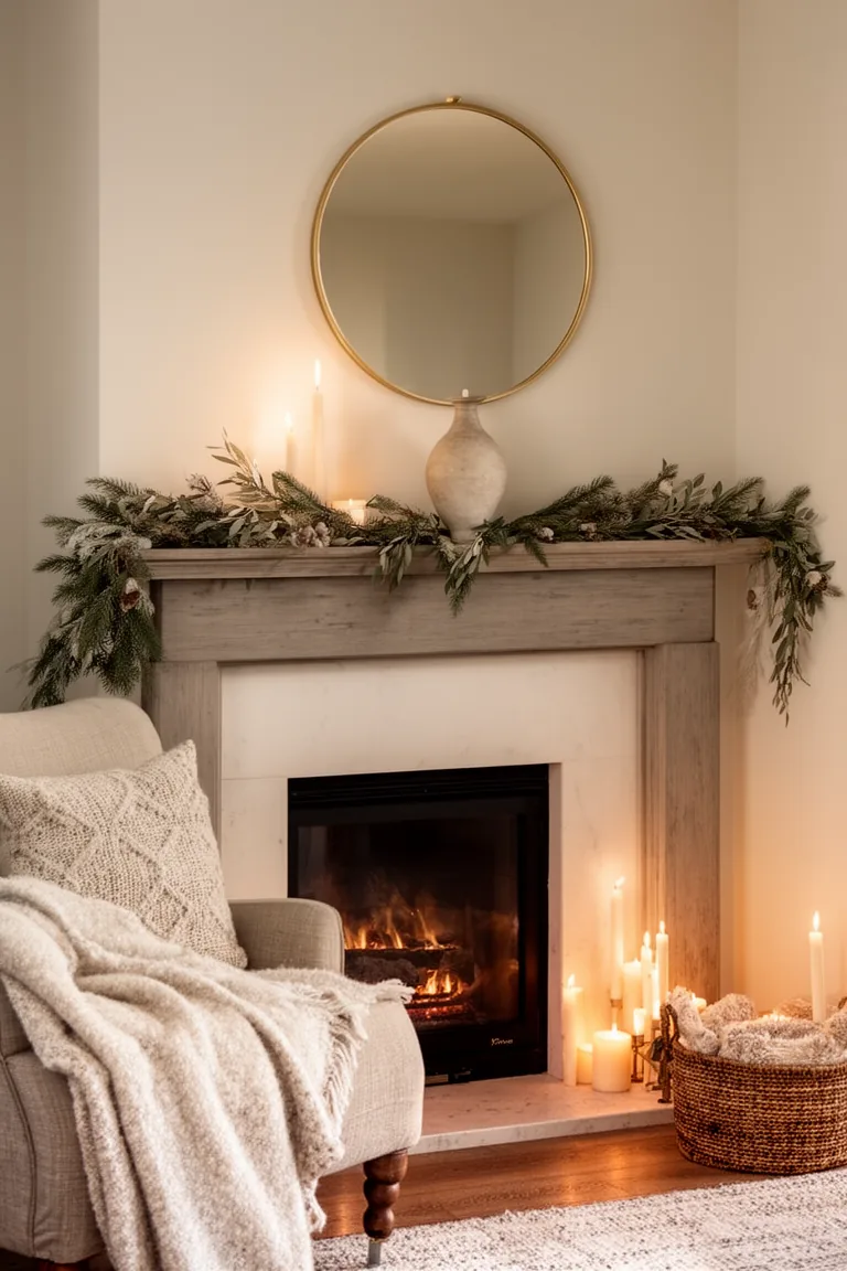 Serene winter mantel with a brass mirror and a single ceramic vessel