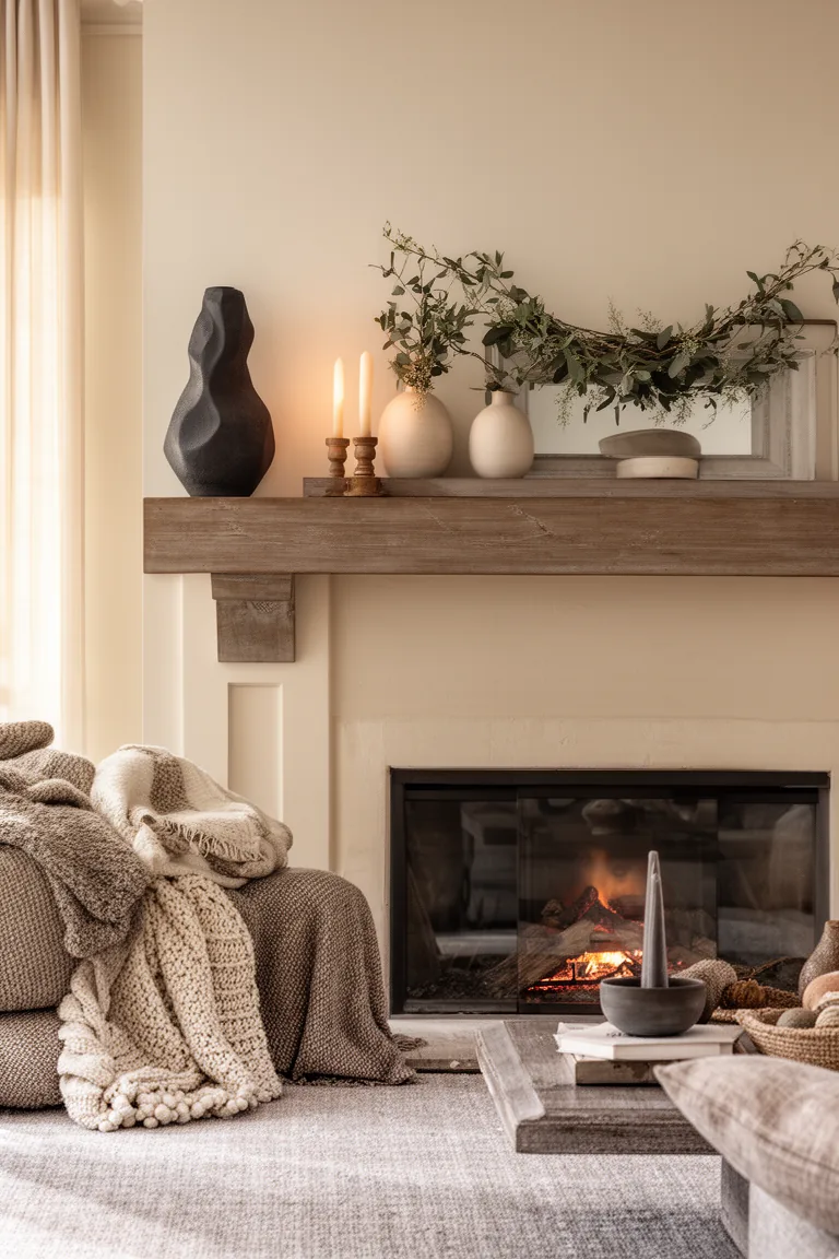 Soothing neutral mantel with a sculptural vase and taper candles
