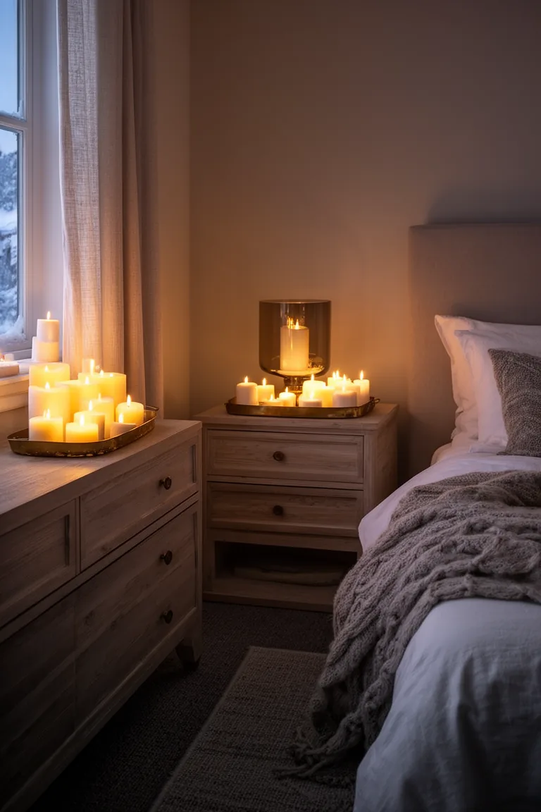 Cozy bedroom candle cocoon with trays of low candles and a smoked glass hurricane