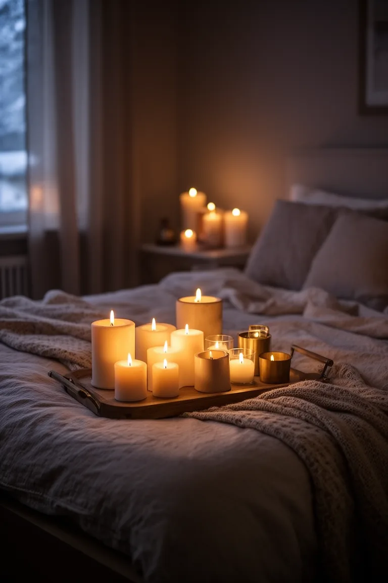 Dim bedroom glowing with grouped candles on trays in warm neutrals