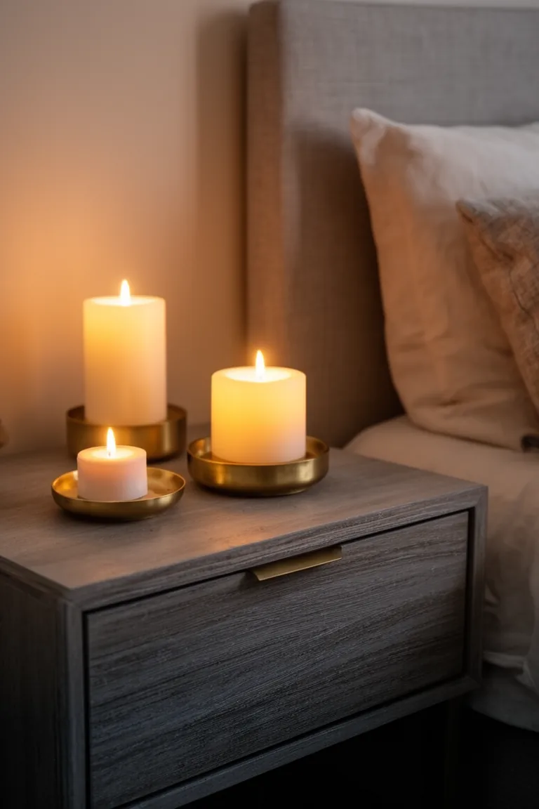 Serene bedroom nightstand with low candle holders and a soft pillar candle