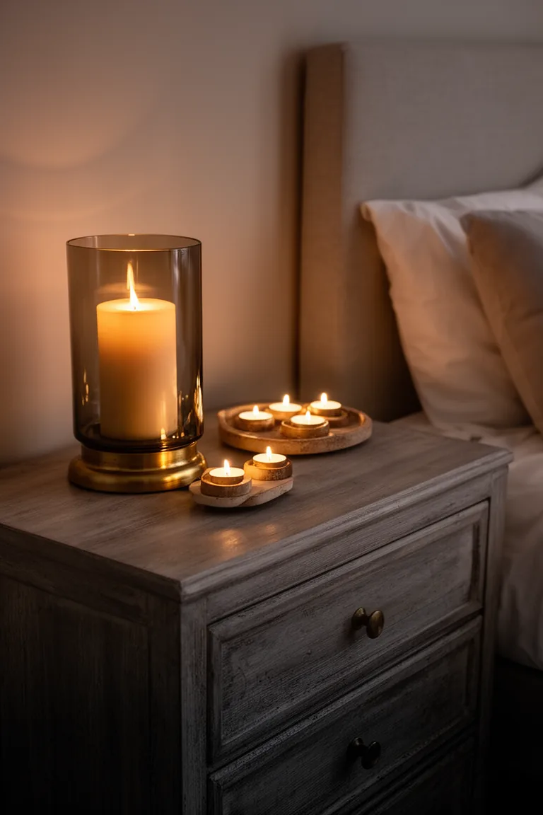 Candle-lit bedroom dresser with a pillar in a smoked glass hurricane and tea lights