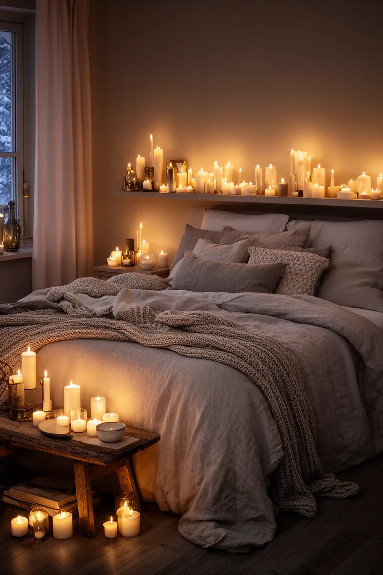 Peaceful winter bedroom cocooned in low candlelight with layered textures