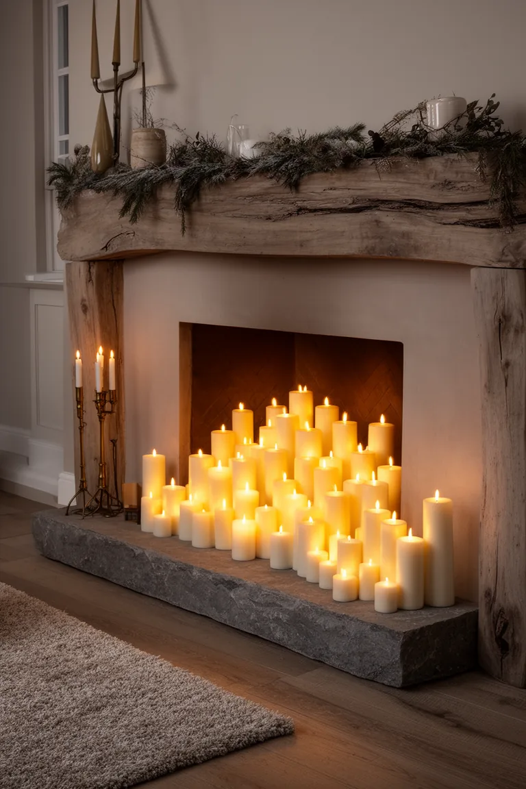 Fireless fireplace filled with staggered pillar candle clusters