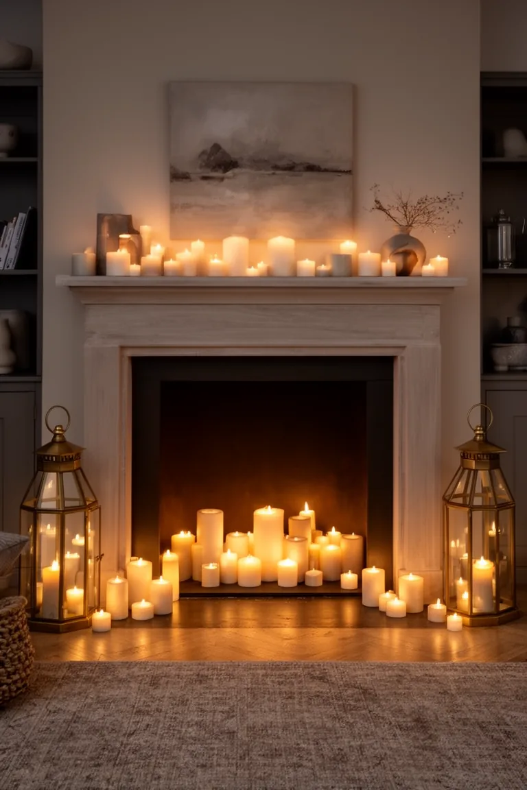 Empty hearth with a faux-fire of pillar candles and framing lanterns