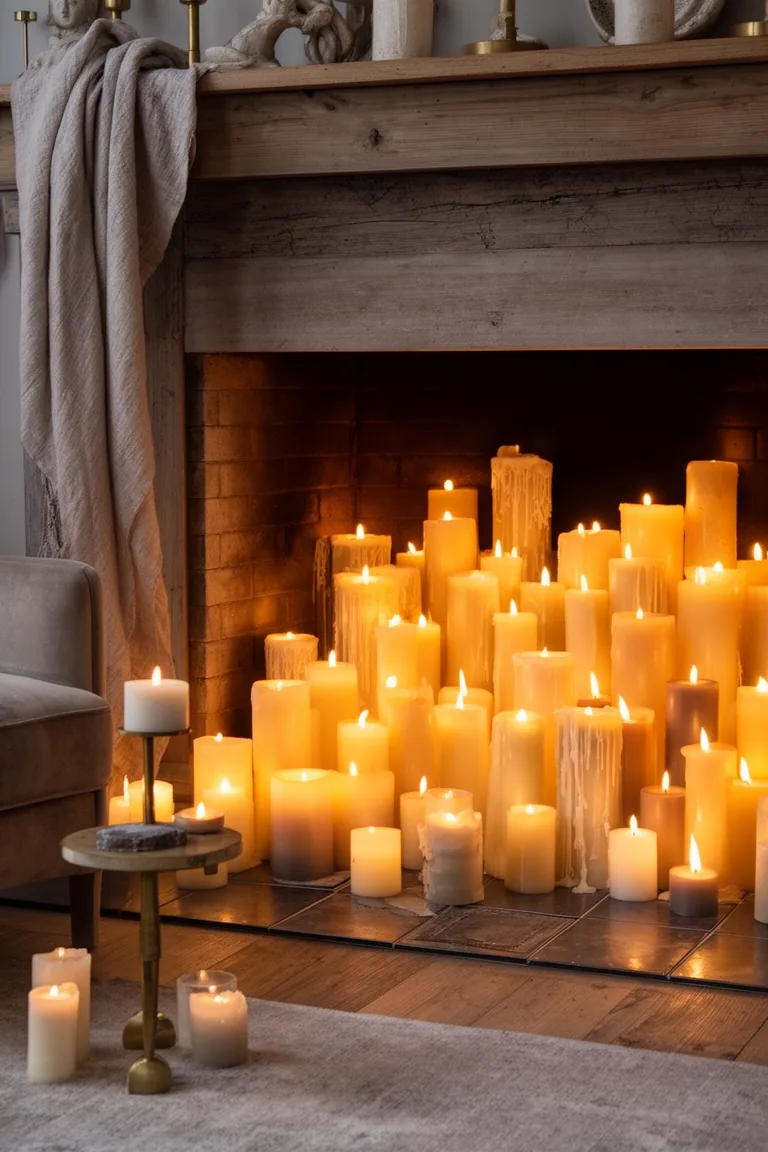 Candle-filled fireplace with layered pillars and a warm flickering glow