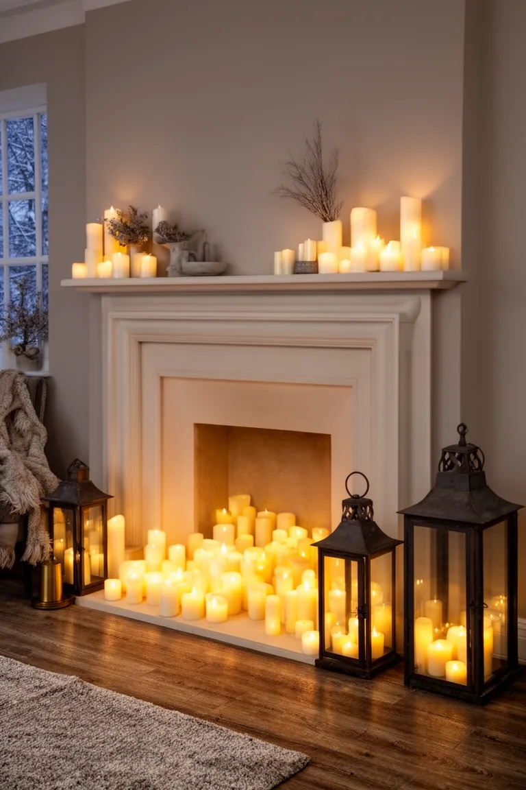 Styled fireless fireplace with clustered cream candles and two iron lanterns