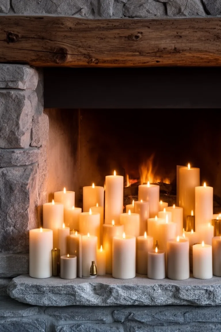 Warm winter hearth packed with pillar candles on a stone slab