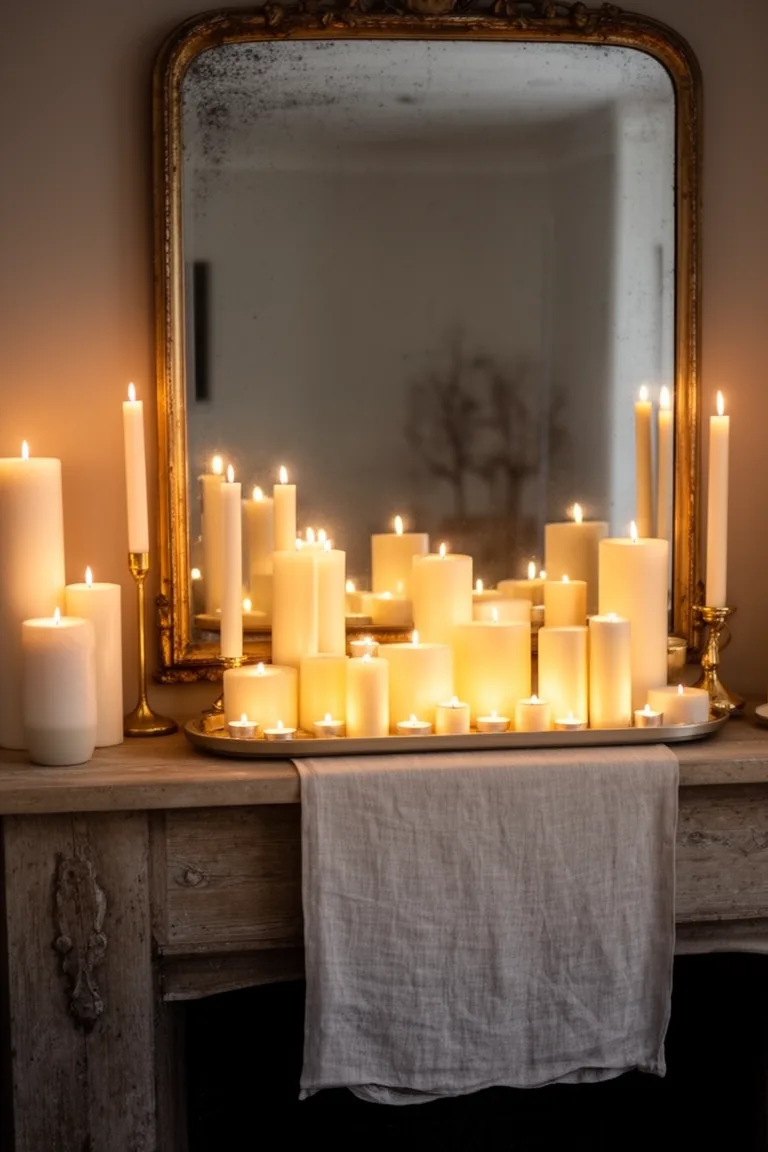 Glow-heavy winter mantel with ivory tapers, pillars and tea lights on a tray runner