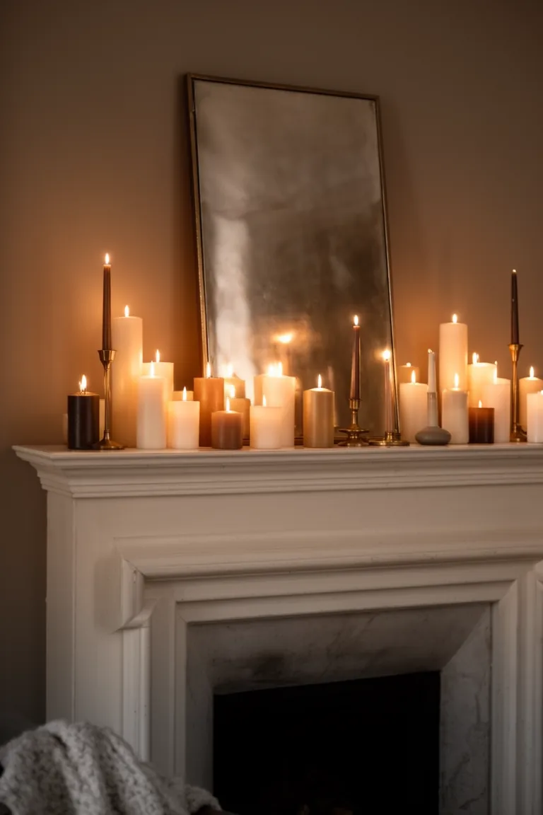 Candle-only mantel in warm ivory with mixed tapers and a leaning metallic art piece