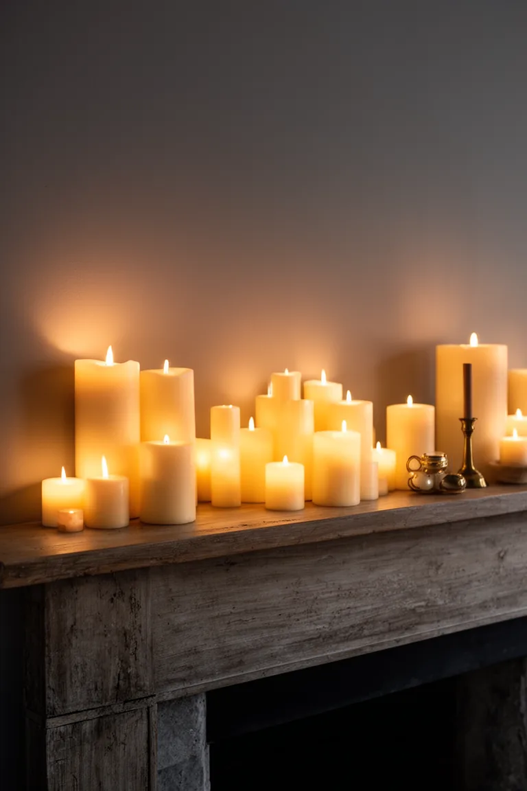 Serene mantel lit by clustered cream candles in staggered heights