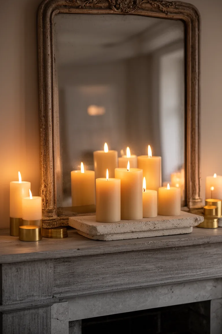Luxe minimalist mantel with beige pillars on a stone tray and an antique mirror