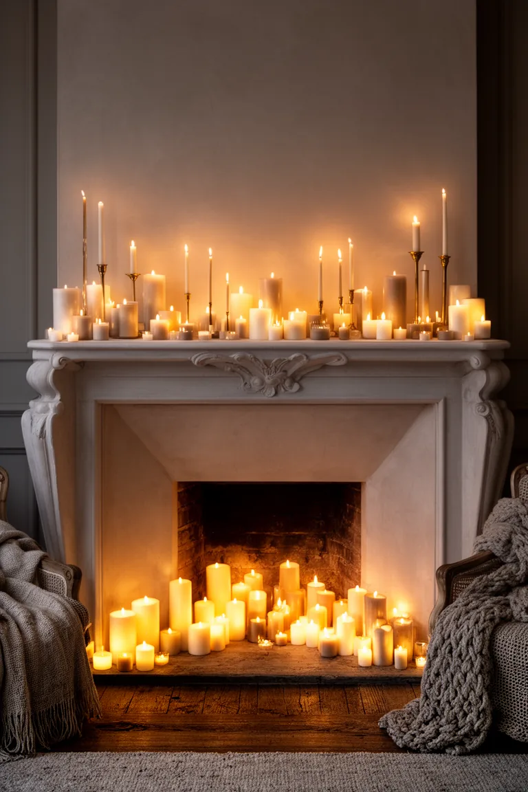 Cozy old-world mantel glowing with tapers and tea lights only