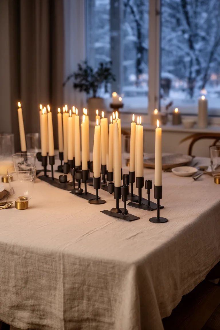 Nordic dining table with a long row of ivory tapers in matte black holders