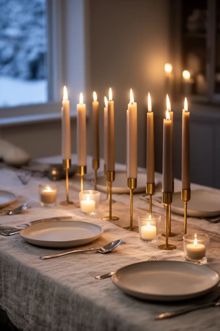 Minimalist Scandinavian setting with a straight line of sand-toned tapers