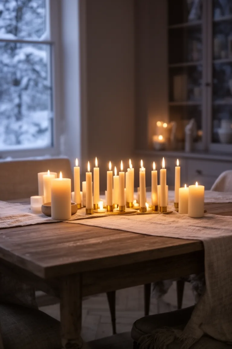 Clutter-free winter table with a single row of matching taper candles