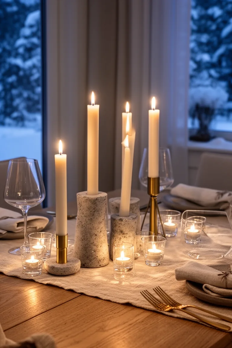 Elegant Nordic tablescape lit only by tapers with layered glass tea lights