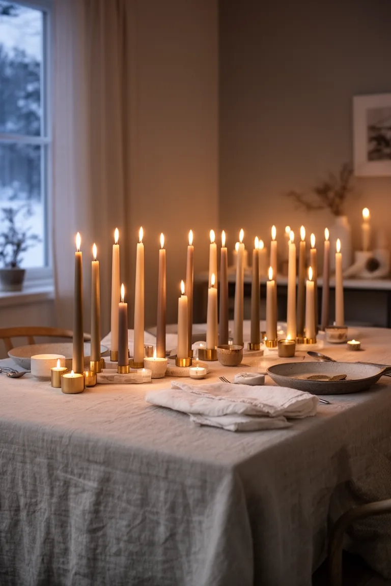 Quietly elegant Scandinavian dining scene with a long line of muted tapers