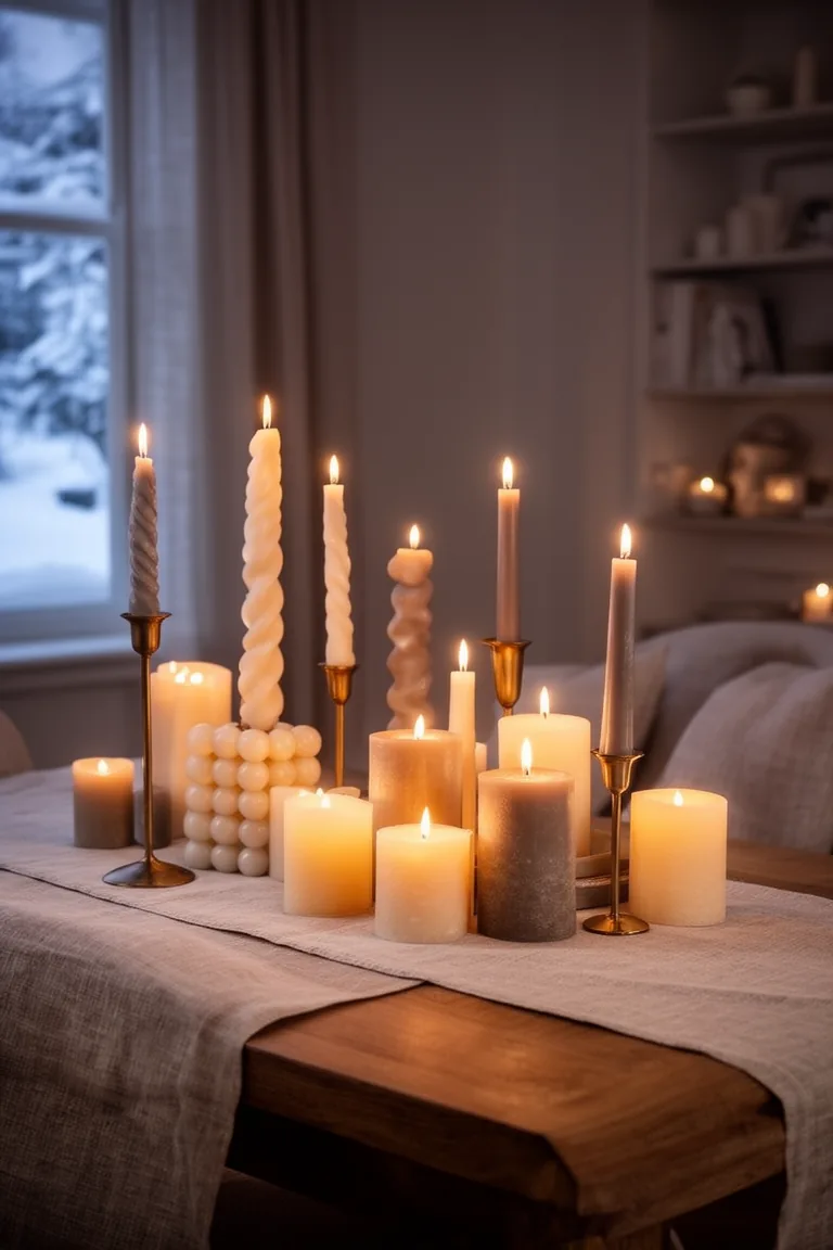 Sculptural candle centerpiece with twisted tapers, bubble cubes and chunky pillars