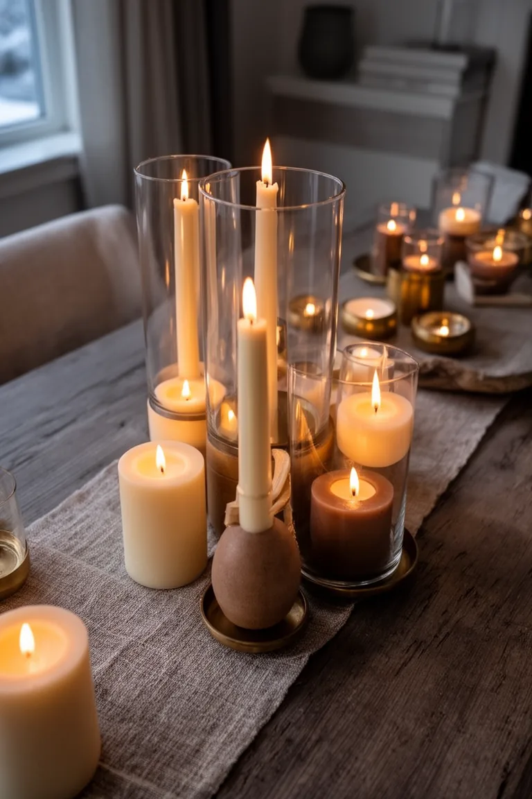 Candle-only centerpiece in cream and taupe with glass cylinders around tall tapers