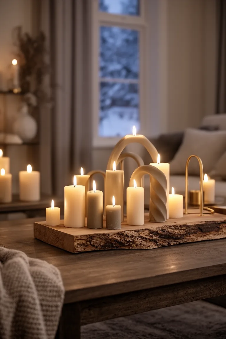 Minimalist sculptural centerpiece of arched and twisted candles on a wood board