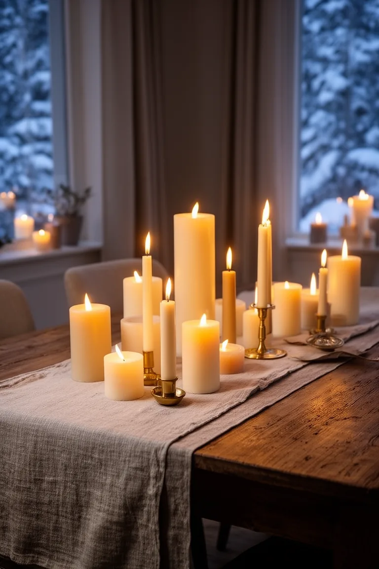 Elegant winter table runner with grouped pillar and taper candles at mixed heights