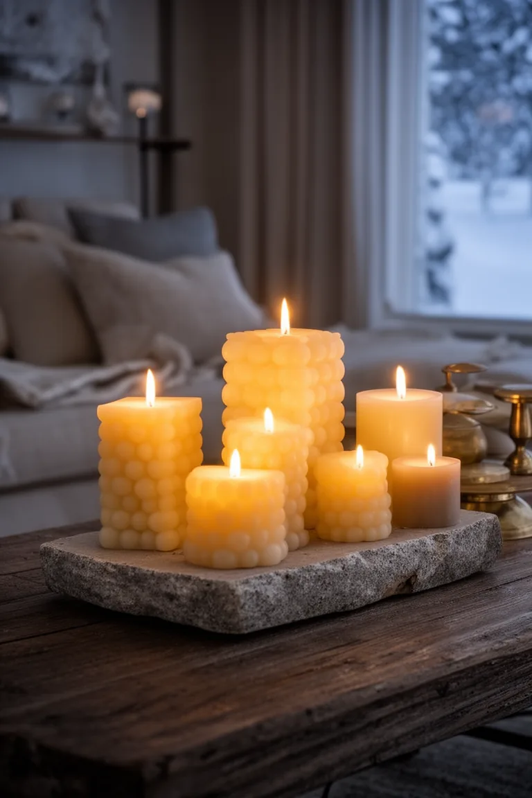 Tactile candle centerpiece with bubble cubes and chunky pillars on a stone tray