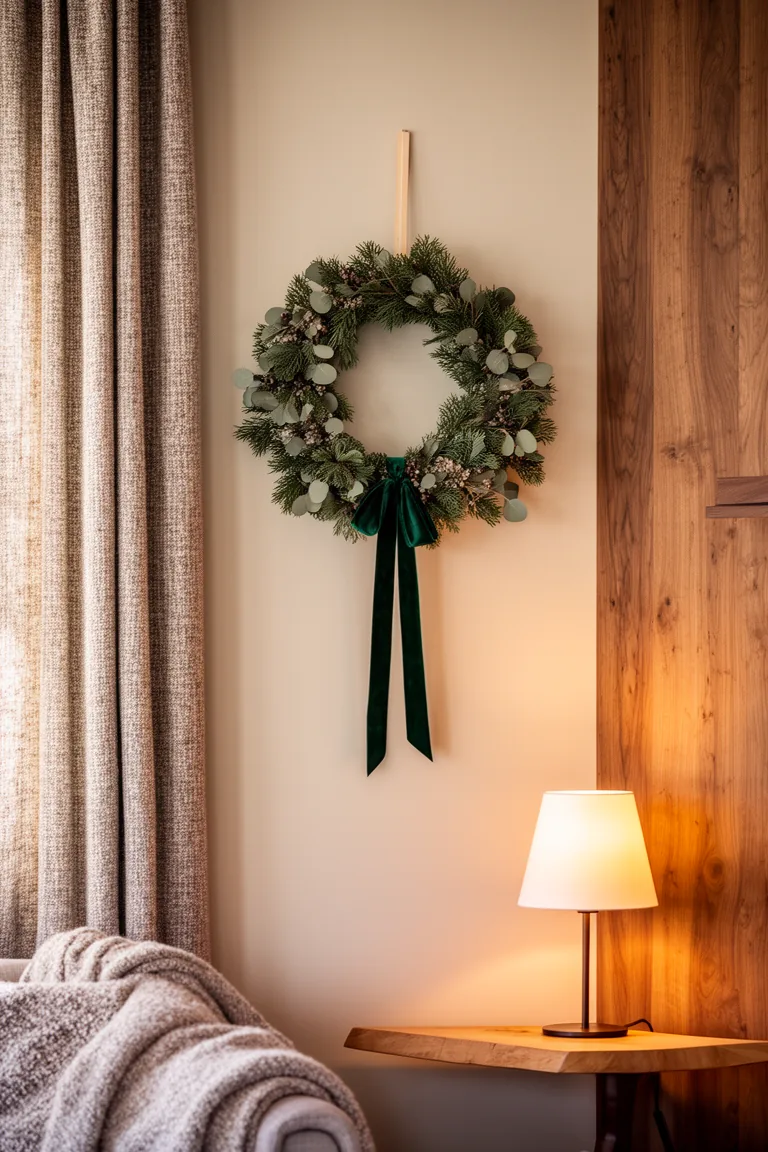 Minimal cedar and eucalyptus wreath with a green velvet ribbon