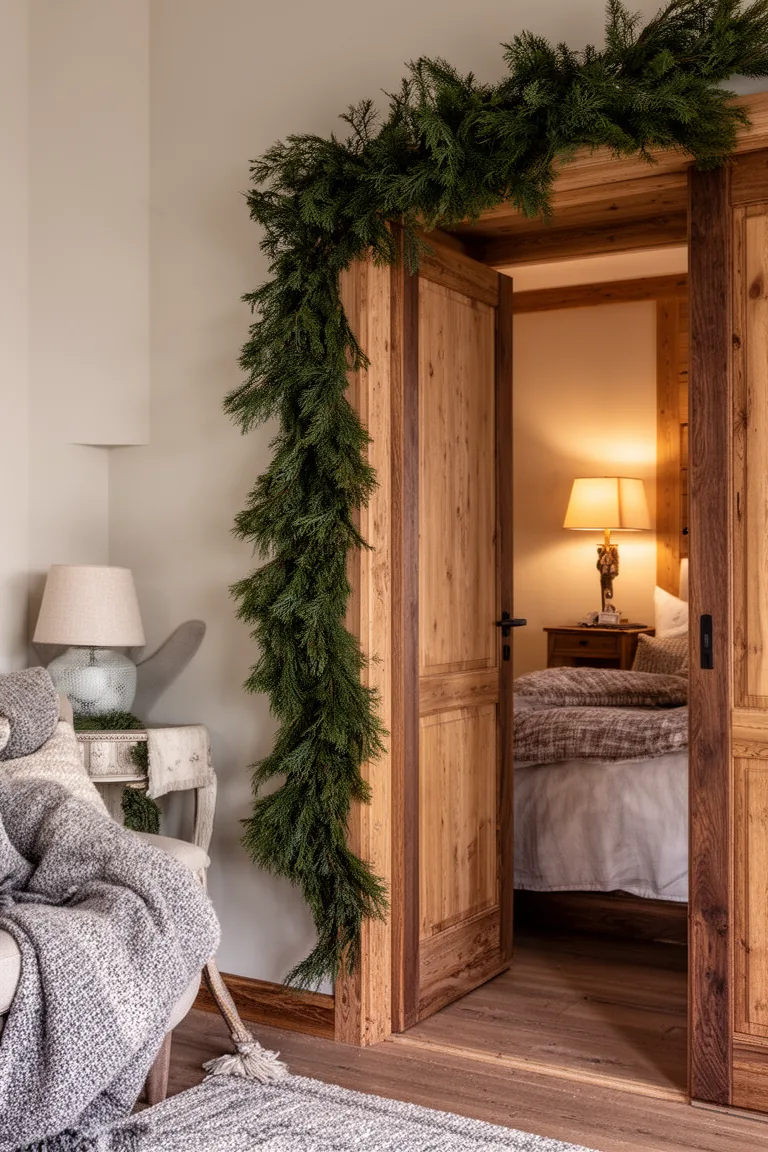 Evergreen garland draped asymmetrically around a doorway