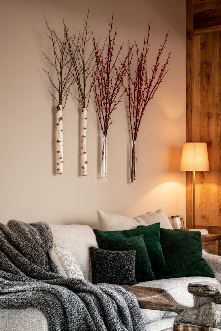 Slim wall vases with bare birch and red dogwood branches