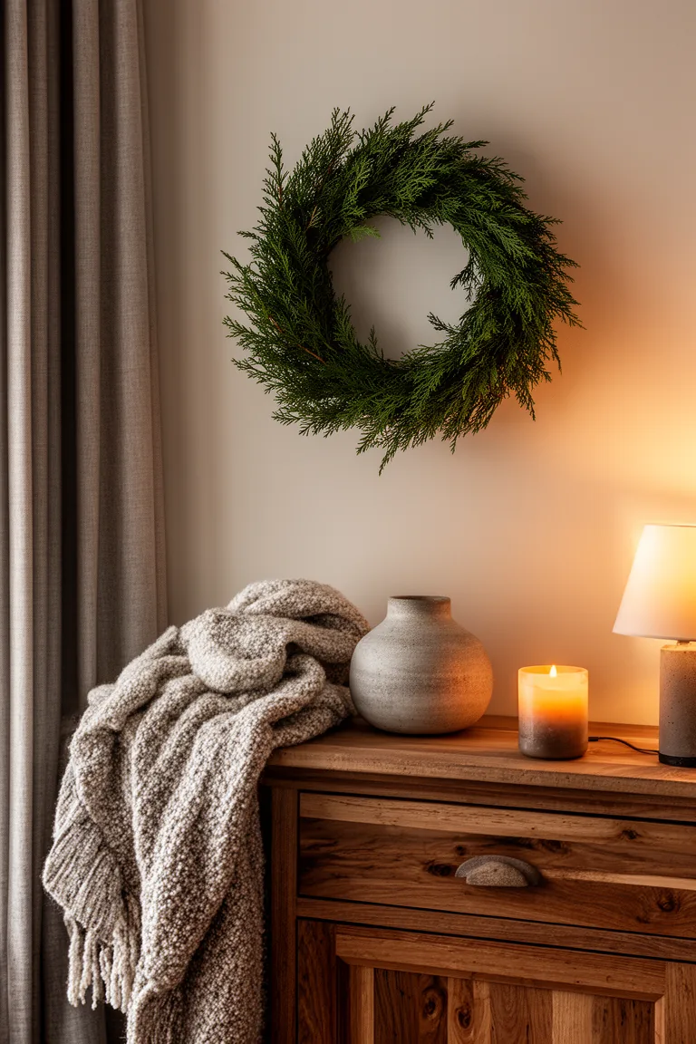 Simple cedar wreath above a console with stoneware and candle