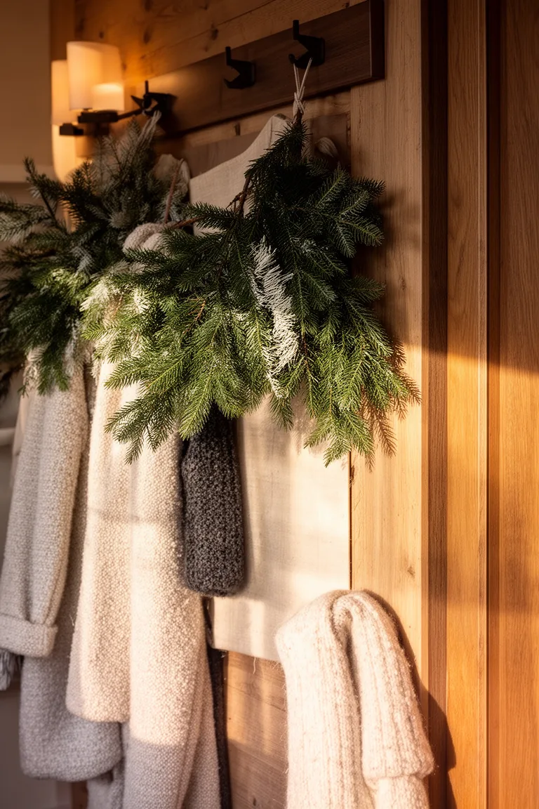 Cozy entryway wall with evergreen stems in afternoon light