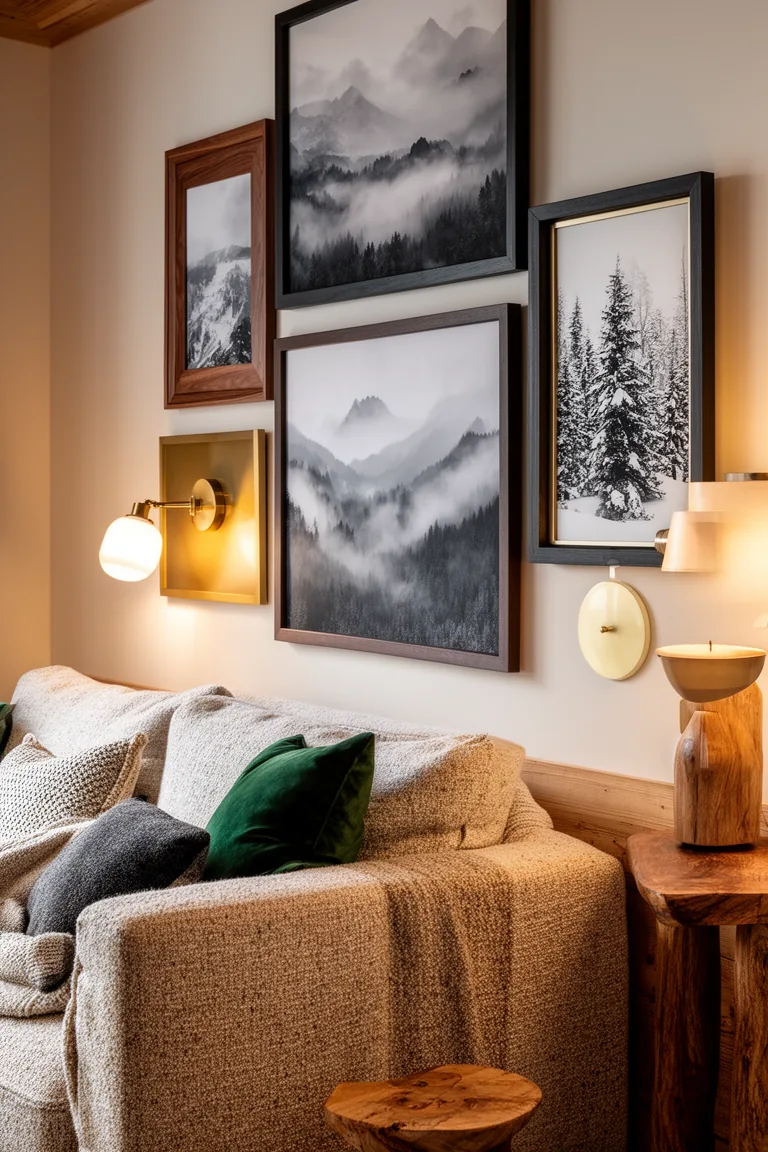 Moody winter gallery wall of misty landscapes in mixed frames