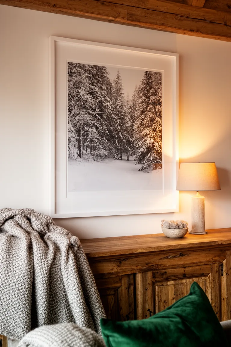 Large framed snowy forest print with a wide white mat