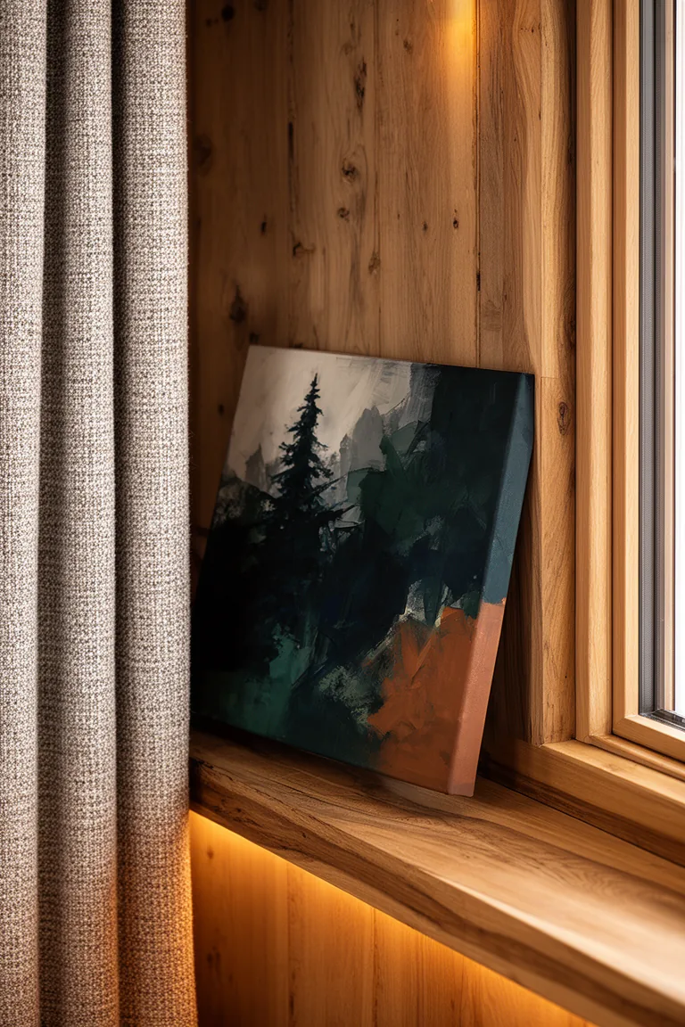 Abstract winter art in deep green navy and warm brown on a ledge