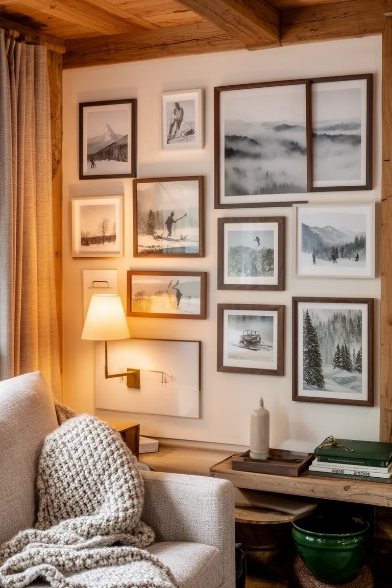 Cabin gallery wall mixing vintage ski prints and foggy photography