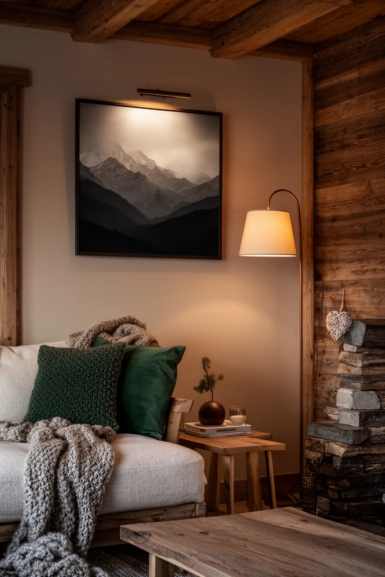 Moody framed mountain landscape lit by a picture light
