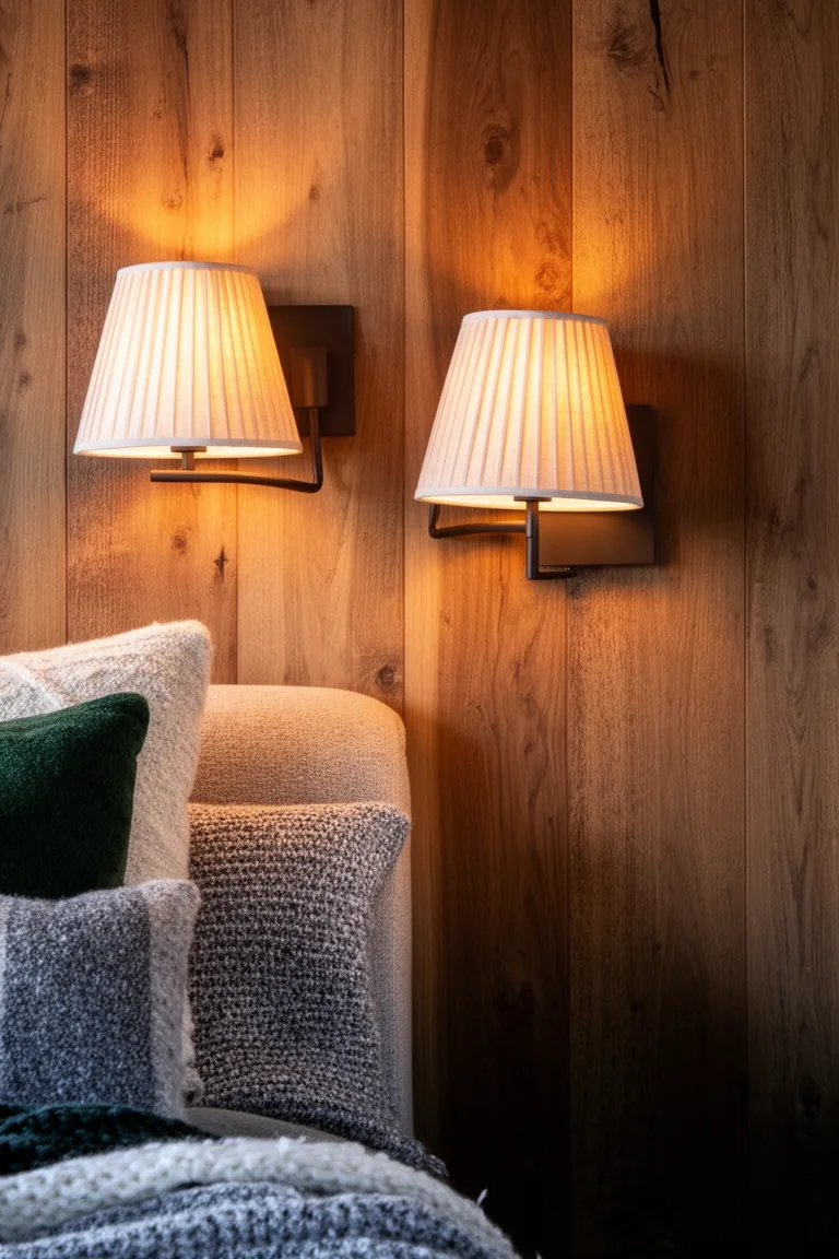 Plug-in sconces with pleated linen shades casting warm light