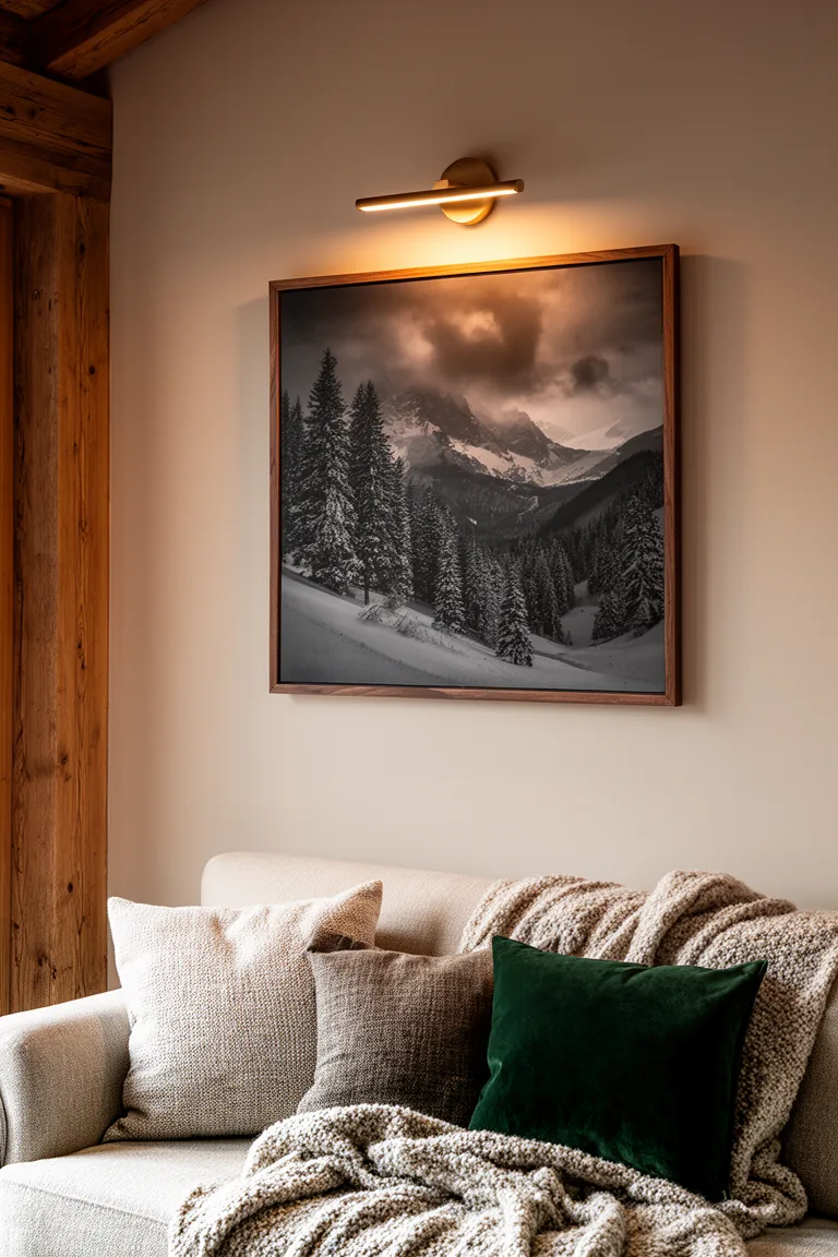 Picture light illuminating a moody winter landscape print