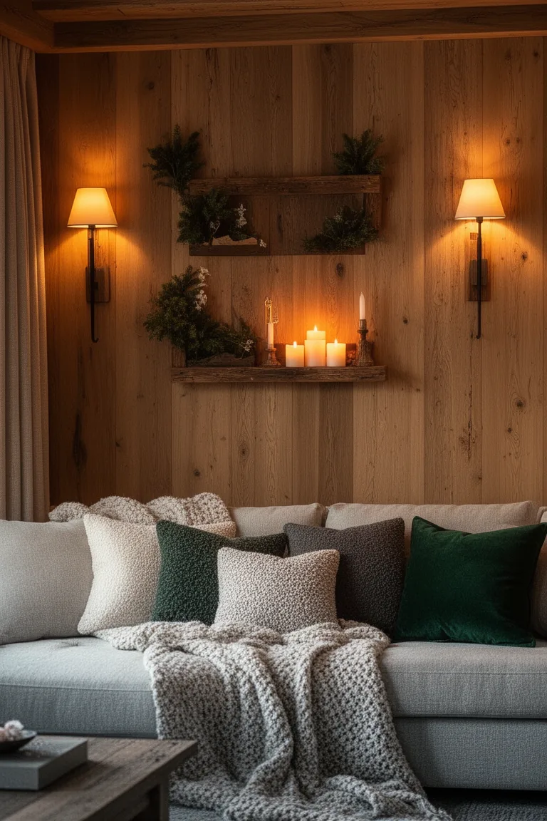 Snug evening wall lit by warm sconces and flameless candles