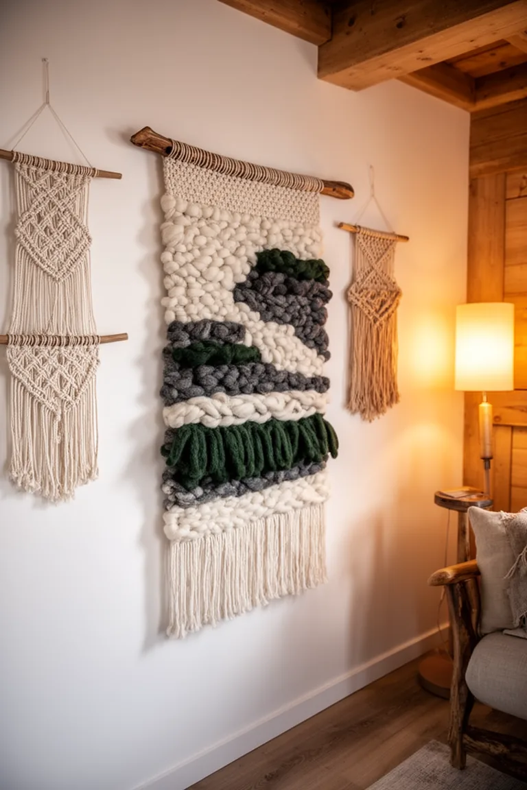 Layered textured wall hangings in cream and oatmeal on a white wall