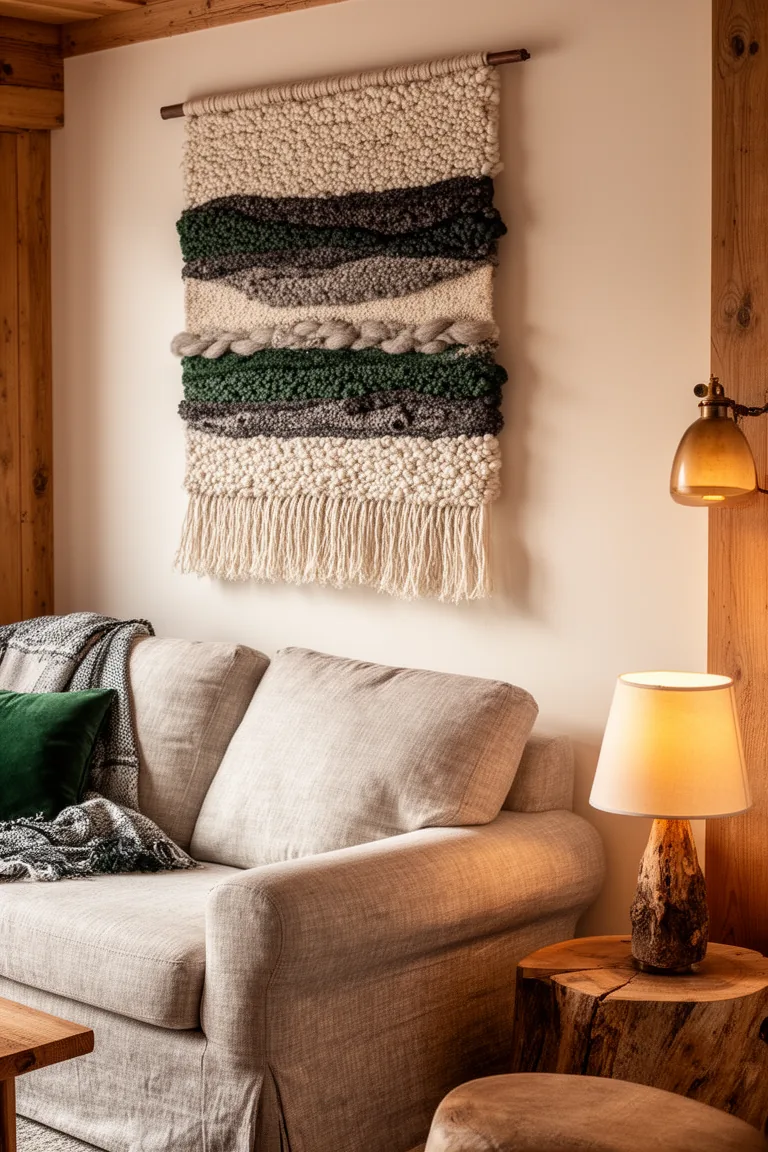 Oversized boucle wool wall hanging above a linen sofa